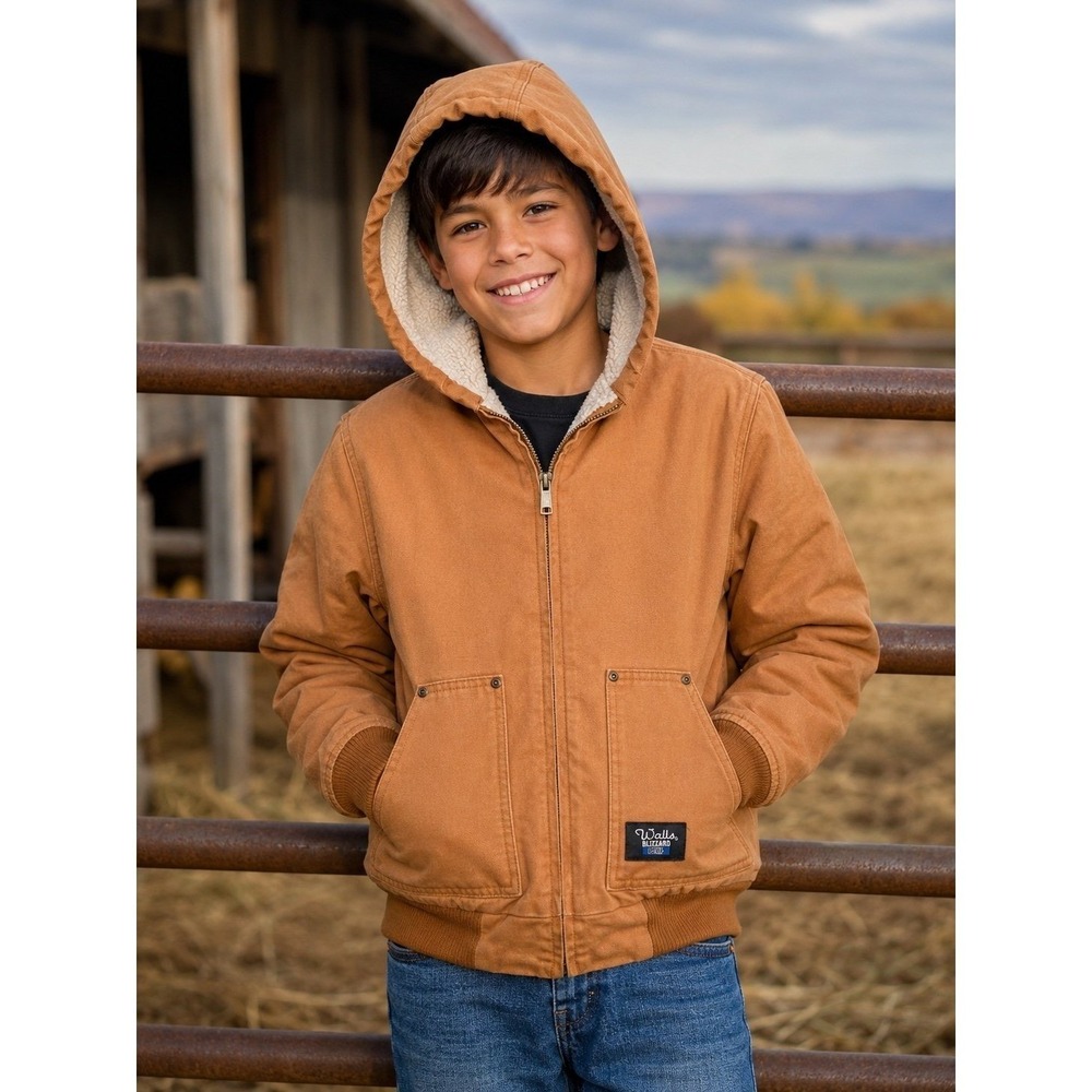 Walls Blizzard Pruf Youth M 8/10 Hooded Duck Canvas Sherpa Work Jacket Brown